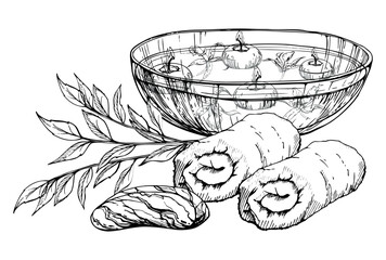 Hand drawn vector ink spa and bath beauty products accessories floating candles. Horizontal composition. Isolated on white background. Design for wellness resort, print, fabric, cover, card, booklet.