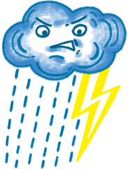 Angry Cloud with Lightning thunder and Rain Storm, cute cartoon character illustration isolated on white background. Hand drawn pastel, crayon, oil pastel and chalk paint