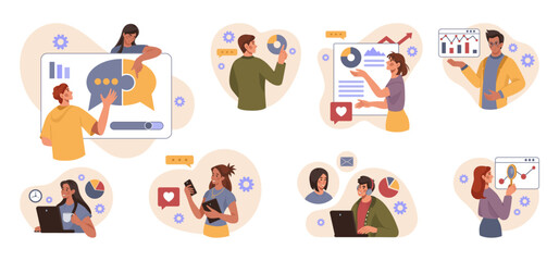 Obraz na płótnie Canvas Business people. Team work. Success corporate persons. Job collaboration. Online teamwork. Workers showing infographics at whiteboard. Office employees set. Vector tidy flat concept