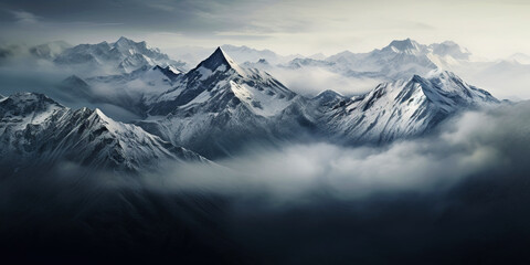 Fototapeta na wymiar Dramatic snow-capped mountains landscape. Clouds and fog covers stone slopes. Generative AI
