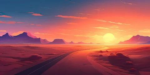 Wandcirkels Paars AI Generated. AI Generative. Outdoor nature wild wind sand road on desert landscape background. Adventure travel journey road trip vibe. Graphic Art  © AkimD