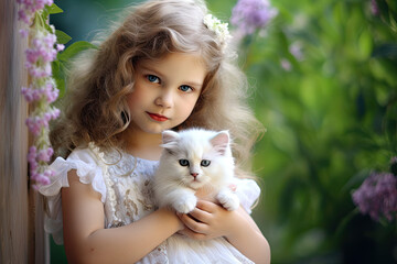 Little girl holding a small kitten