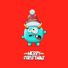 Vector cartoon funky blue monster with Santa Claus red hat isolated on red christmas background. Childrens Merry Christmas greeting card with funny monster minion elf Santa Claus.