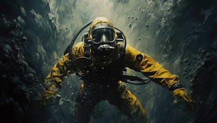 scuba diver in the deep sea with bubbles floating up in a cinematic illustrative style