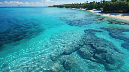 Obraz premium The bird's eye view of a sandbar, splitting the turquoise ocean into contrasting patches of dark and light blue.