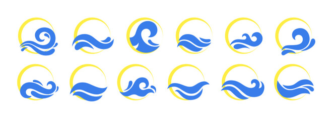 Wave logo. Sea water, river or ocean abstract waves, round sun surface with splash, spray ripple. Company logotype or emblem template. Marine business icons. Vector isolated tidy objects set