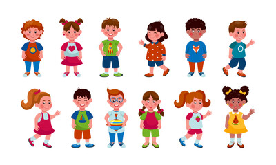 Cartoon children. Happy girls and boys, cute school or kindergarten students, multicultural people. Kids waving hands, holding toys. Positive characters laughing. Vector tidy isolated set