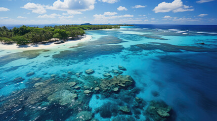 Fototapeta na wymiar An aerial view of an atoll, the white sandy beaches contrasting against the rich, deep blue of the ocean.