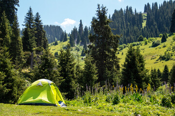 light green tent on the mountain. summer hike