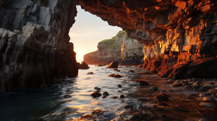 A captivating coastal landscape with a sea cave, the interior glowing under the warm light of the setting sun.