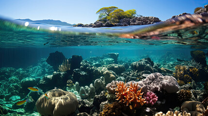 A vibrant, colorful coral reef just off the beach, its beauty visible through the clear, turquoise water.