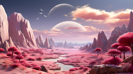 beautiful fantasy alien planet, Desert landscape with pink trees and blue sky in 3d render