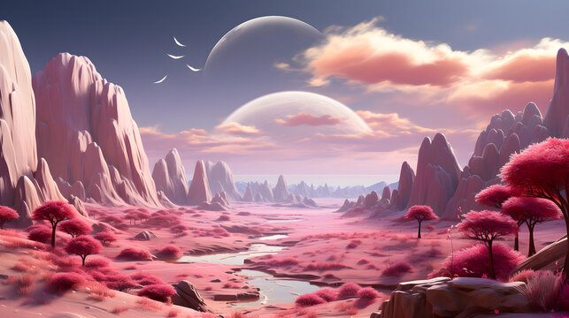 beautiful fantasy alien planet, Desert landscape with pink trees and blue sky in 3d render