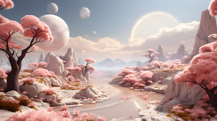 beautiful fantasy alien planet, Desert landscape with pink trees and blue sky in 3d render