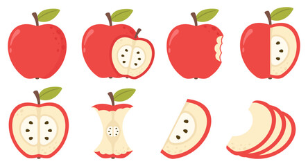 Apple collection.Whole, cut in half, sliced on pieces apple. Vector illustration. Red apple with green leaf and half apple, fruit slices and pieces. Different parts of apples vector set. 