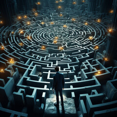 person standing at the end of a maze of light in a dark room, in the style of light silver and light azure