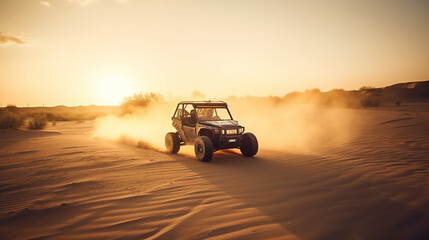 Fototapeta premium Sandbuggy fahren zum Sonnenuntergang KI