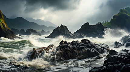 Fototapeta na wymiar Rough waves lashing a jagged rocky coastline under a cloud-heavy sky, threatening a downpour.