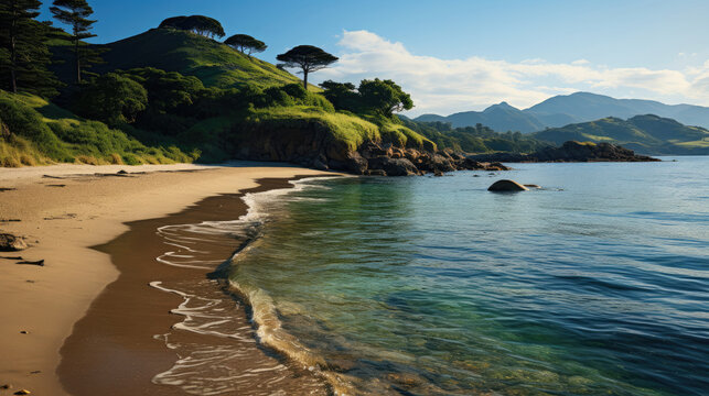 A picturesque beach nestled between verdant hills and a tranquil azure sea, bathed in soft evening light.