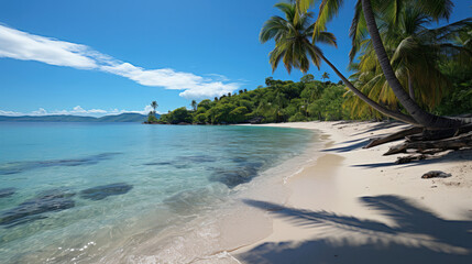 A secluded white sandy beach under the shade of leaning palm trees, facing a calm azure sea.