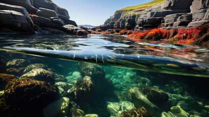 A mesmerizing rock pool nestled between jagged cliffs, teeming with a variety of vibrant sea life.