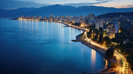 A panoramic view of a coastal city at twilight, its lights shimmering on the calm sea.