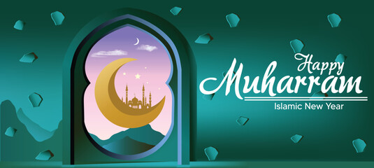 Happy Muharram Islamic window with moon