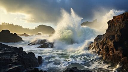 Obraz premium A dramatic coastal scene of a cliff plummeting into the wild, churned up ocean under a stormy sky.