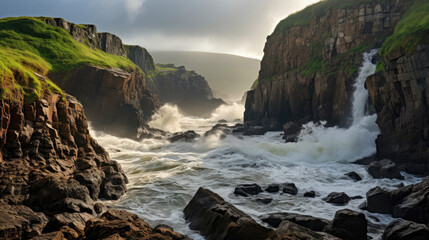 Fototapeta na wymiar A dramatic coastal scene of a cliff plummeting into the wild, churned up ocean under a stormy sky.