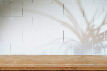 Blurry shadow of a potted plant on a white painted wall in industrial style and a wooden board, architecture background for product placement, copy space