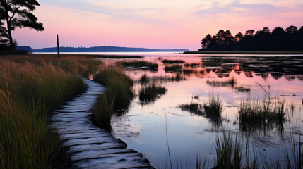Fototapeta na wymiar A serene scene of a coastal marshland at twilight, the calm water reflecting the beautiful pastel colors of the sky.