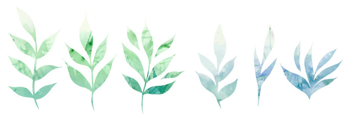 Vector set of green watercolor silhouettes of branches with foliage isolated from background. Colorful herbal collection
