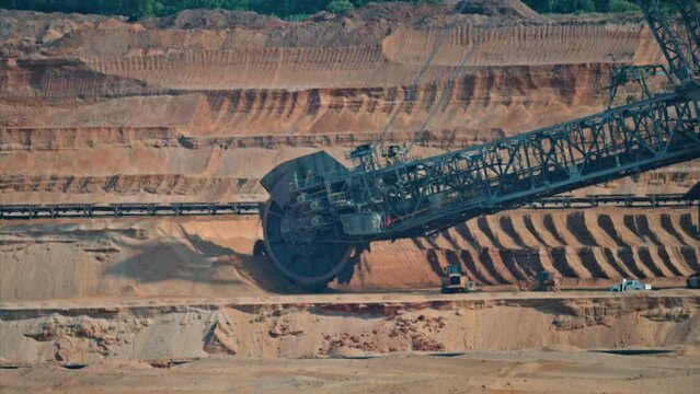 A bucket wheel excavator in use in the lignite mining area near Hambach, NRW, Germany