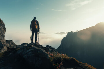 Fototapeta premium Hiker with a backpack on top of a mountain with dramatic cloudscape during sunrise. Travel, active lifestyle and winning reaching life goal