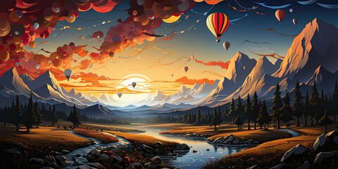 Fototapeta na wymiar Illustration of landscape and hot air balloons. Generative AI