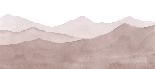 Watercolor background with panoramic mountain views in pastel brown tones. Hand-drawn. The texture of watercolor on paper. Template for design and decoration with space for text.