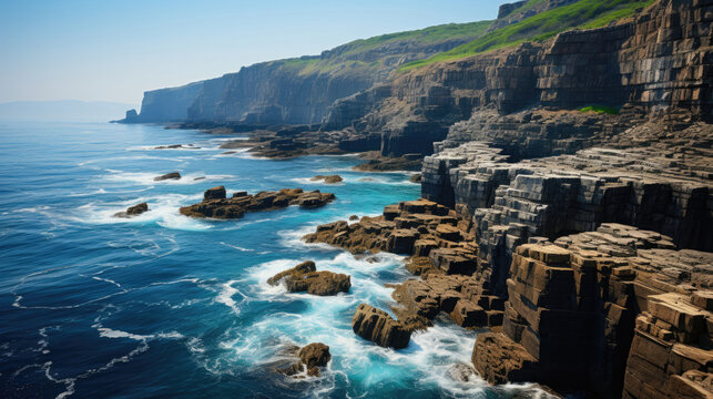 A spectacular scene of a coastal cliff, the rugged edge contrasting with the calm, azure sea.