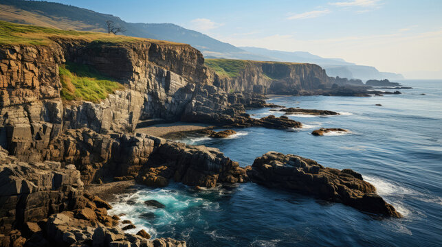 A spectacular scene of a coastal cliff, the rugged edge contrasting with the calm, azure sea.