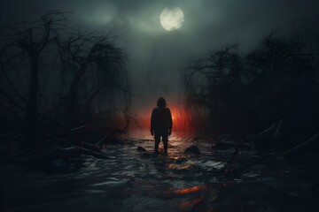 man standing in the middle of a forest with a full moon in the background - obrazy, fototapety, plakaty