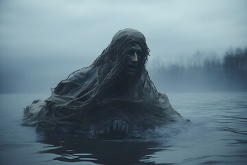 Scary ghost in a foggy lake. Halloween. Horror