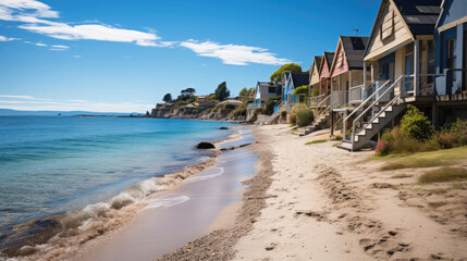 Obraz premium A picturesque coastal view with a row of beach huts, their colorful facades reflecting on the calm sea.