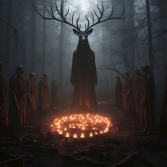 devil worship cult with candles in the forest - obrazy, fototapety, plakaty