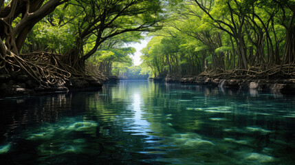 A beautiful scene of a coastal mangrove forest, the roots intertwined and mirrored on the calm water.
