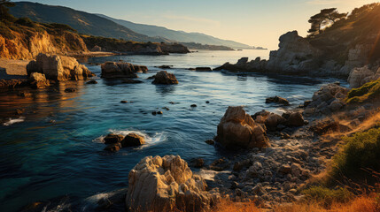 A breathtaking coastal view with a rocky arch, the setting sun casting long shadows on the calm sea.