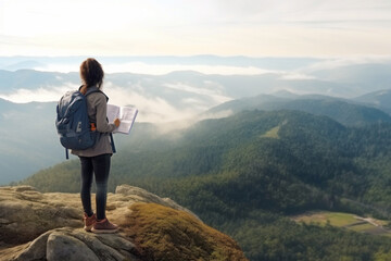 Obraz premium Female traveller with a backpack on top of a mountain with dramatic cloudscape during sunrise. Travel, active lifestyle and winning reaching life goal