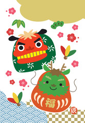 2024年 辰年 干支だるま ししまい 松竹梅 年賀状/縦04/文字なし