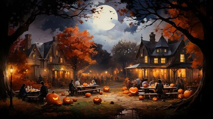 Fototapeta na wymiar Harvest of Heartfelt Delights: A Cozy Halloween Gathering in the Neighborhood