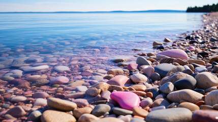 A tranquil sandy beach under the soft light of dusk, the calm sea reflecting the purple and pink hues of the sky.