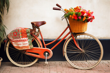 Fototapeta na wymiar Bicicleta vintage naranja con flores. Transporte decorativo retro rústico. Geenrative ai.