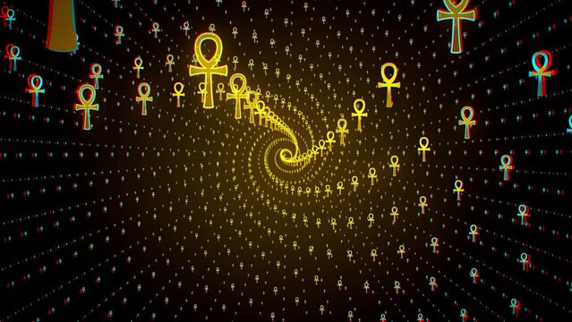 Abstract Religious Motion View Golden Shiny Geometric Spiral Cross Ankh Key Of Life Ancient Egypt Symbol Particles Lined Pattern Rotating Background, Seamless Loop